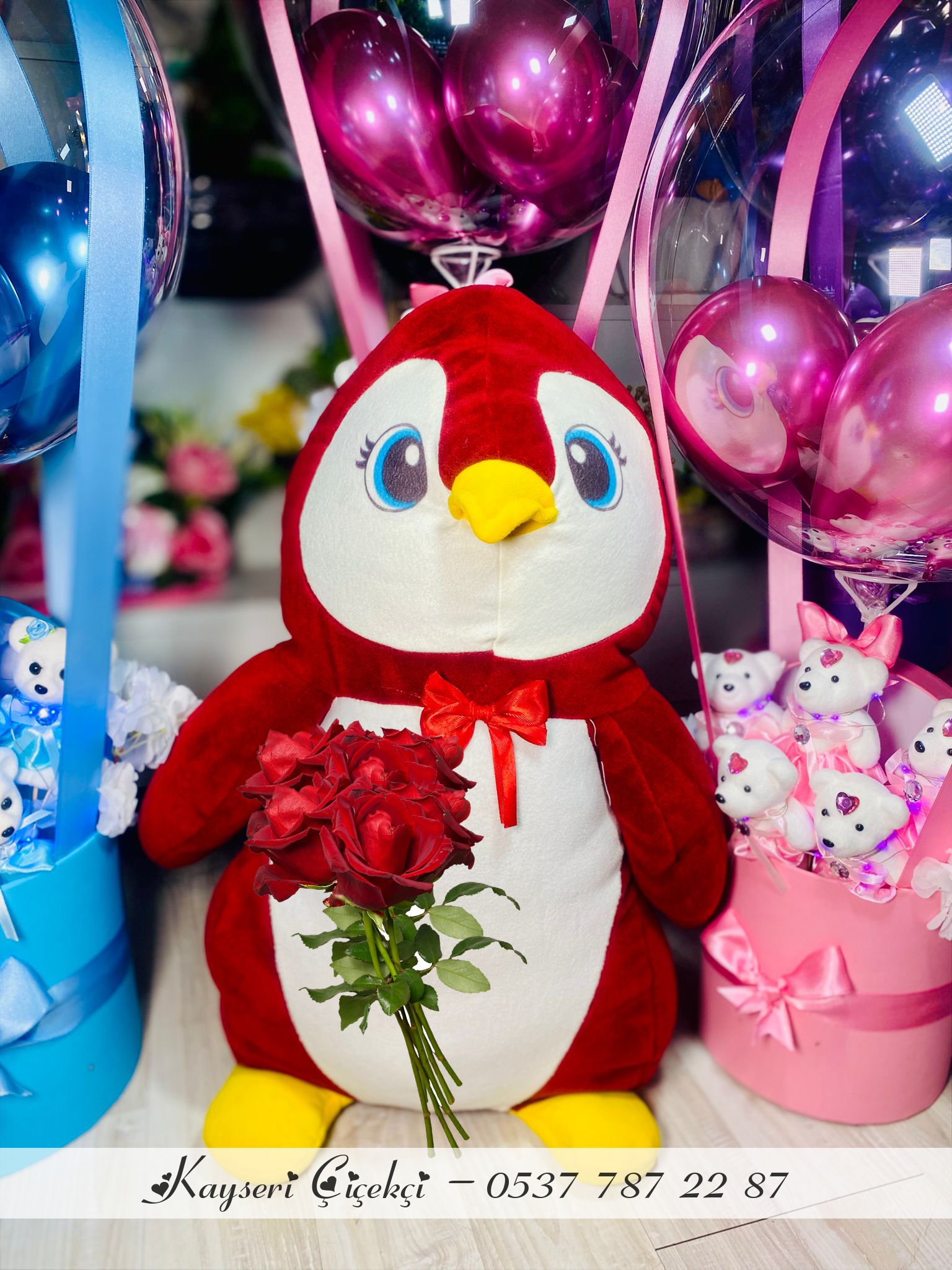 90 Cm Peluş Penguen 5 Gül