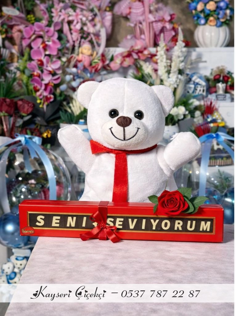 Beyaz Peluş Ayıcık  Seni Seviyorum Çikolatalı Kırmızı Gül Hediyeli (Yapay Gül)