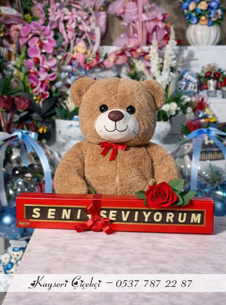 Kahverengi  Peluş Ayıcık  Seni Seviyorum Çikolatalı Kırmızı Gül Hediyeli (Yapay Gül)