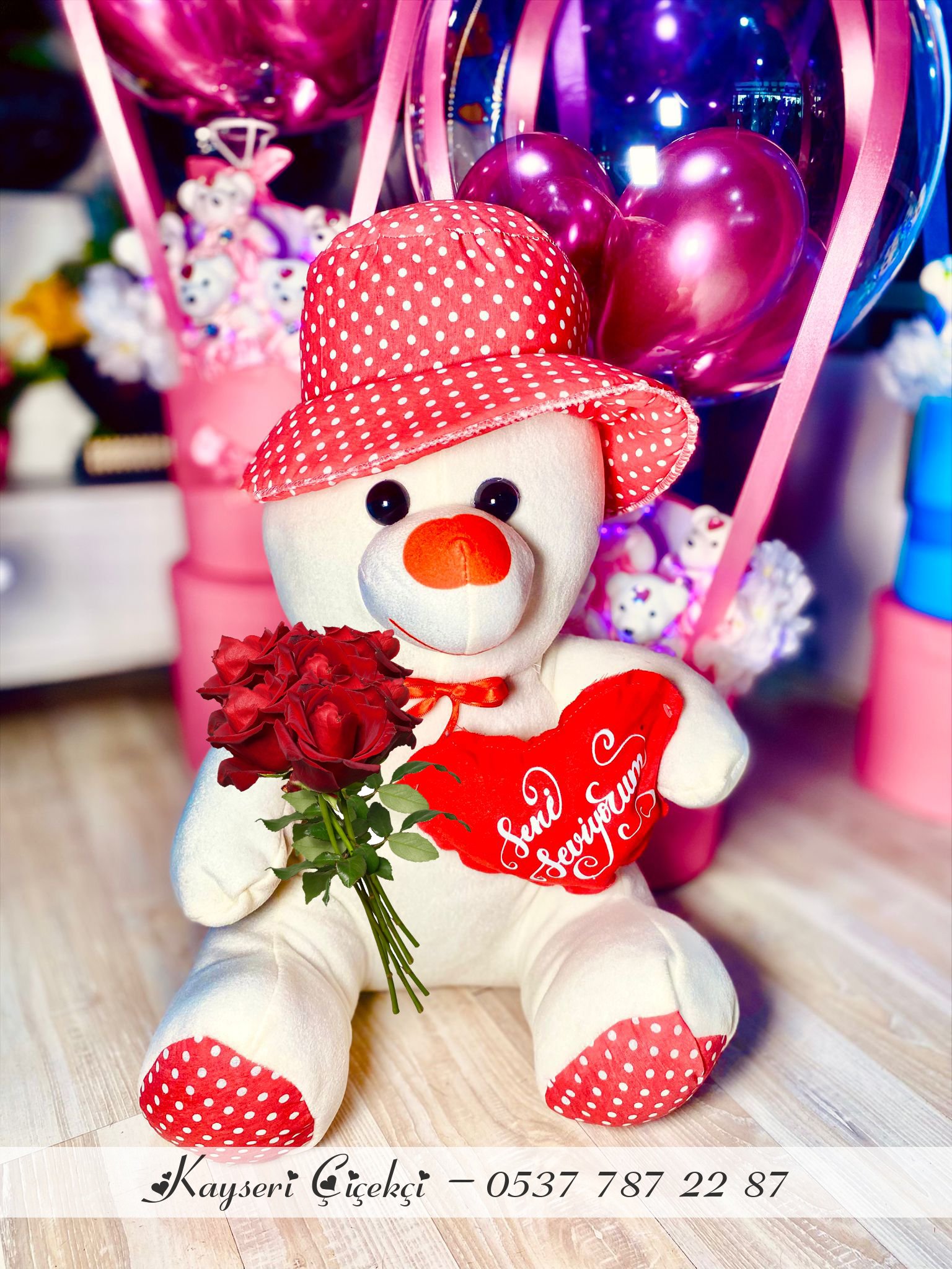 Kalpli Şapkalı 60 Cm Peluş 5 Gül