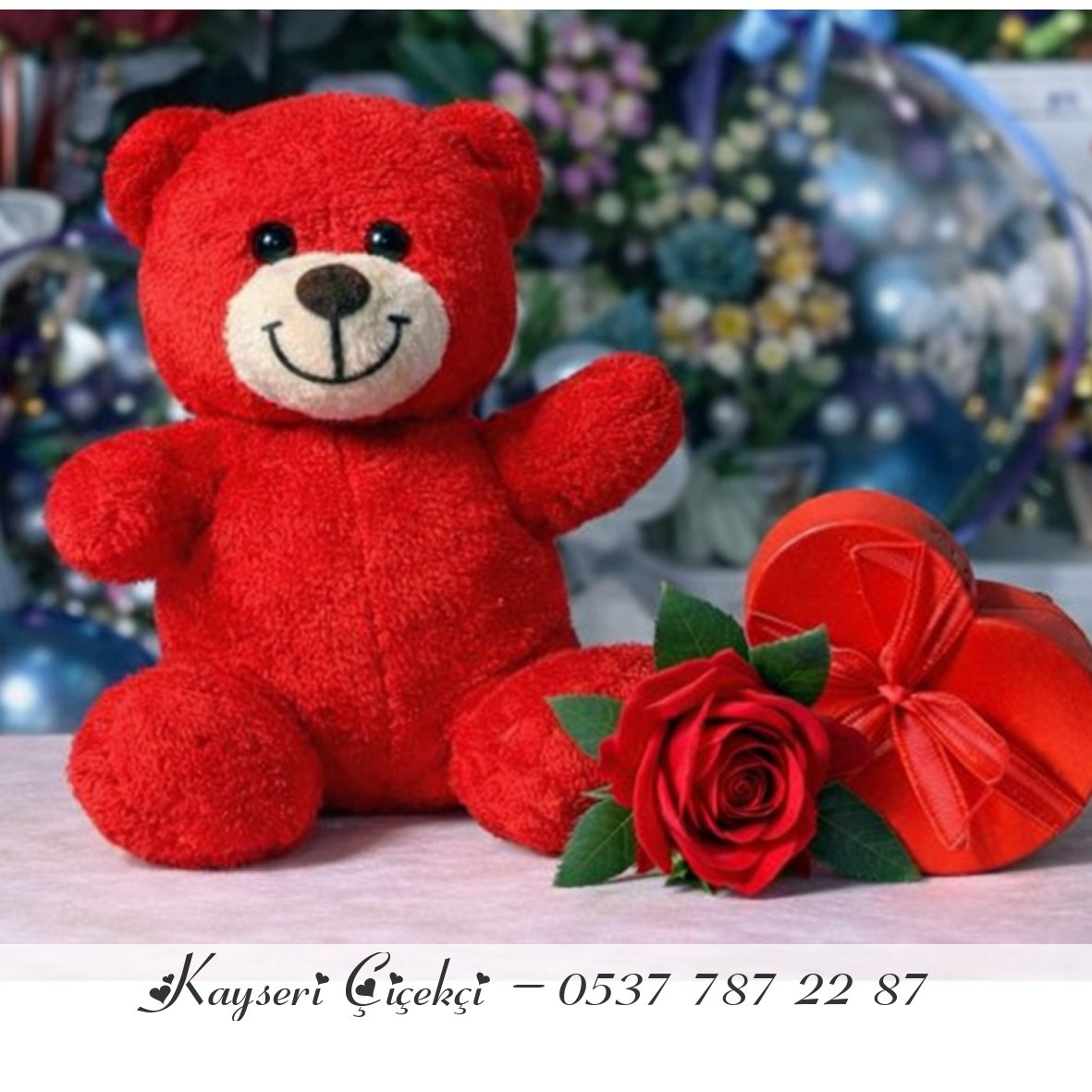 Kırmızı Peluş Ayıcık Kalpli Çikolata  Ve Kırmızı Gül Hediyeli (Yapay Gül )