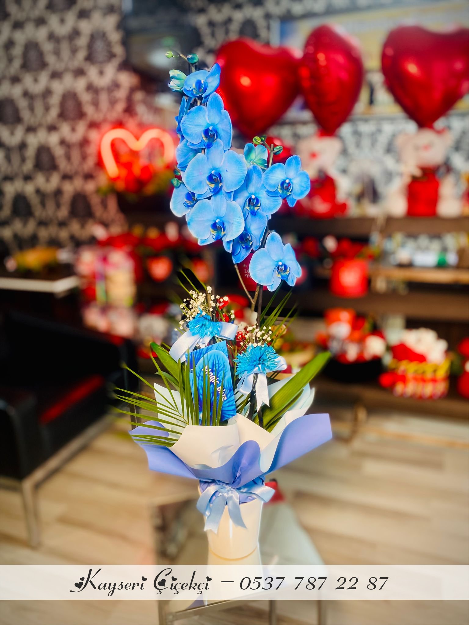 Mavi Çift Dal Ithal Orkide Seramik Vazoda