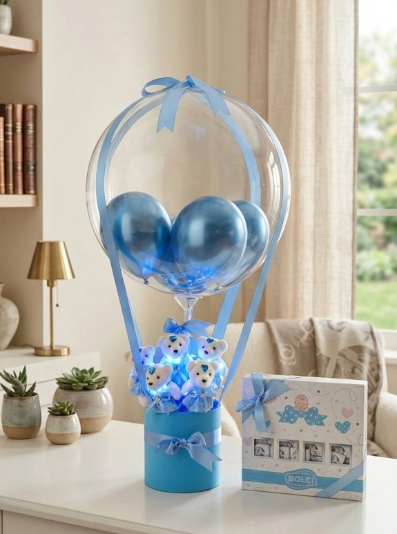 Balonlu Kutu Aranjman Mavi Ve Bolçi Çikolata Seti
