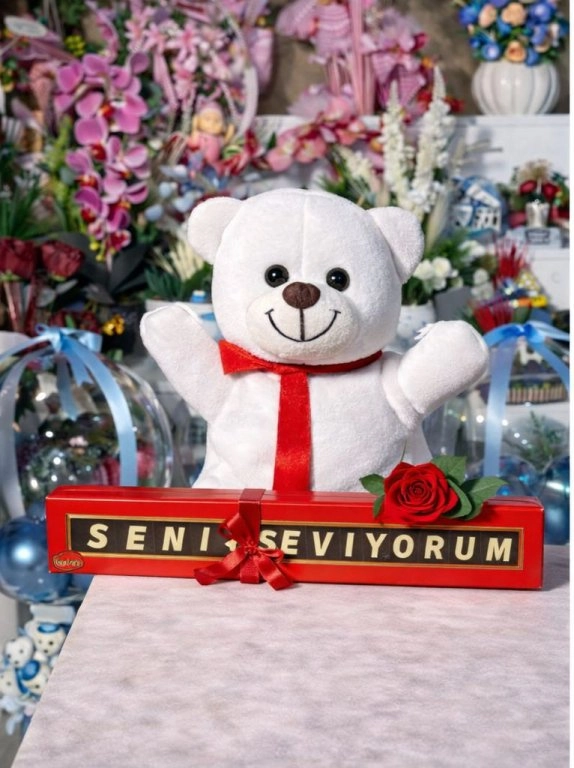 Beyaz Peluş Ayıcık  Seni Seviyorum Çikolatalı Kırmızı Gül Hediyeli (Yapay Gül)