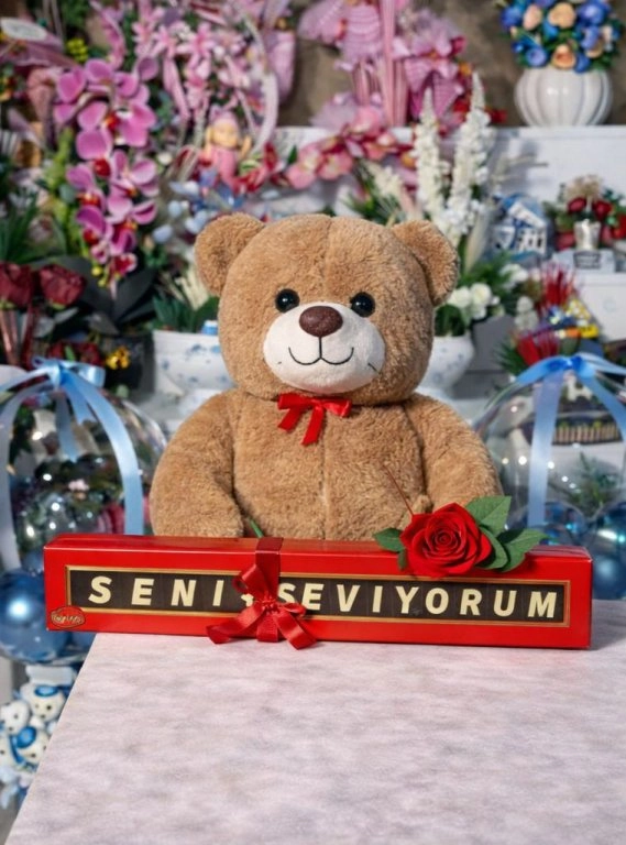 Kahverengi  Peluş Ayıcık  Seni Seviyorum Çikolatalı Kırmızı Gül Hediyeli (Yapay Gül)