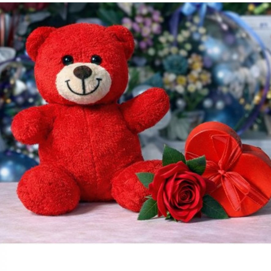 Kırmızı Peluş Ayıcık Kalpli Çikolata  Ve Kırmızı Gül Hediyeli (Yapay Gül )