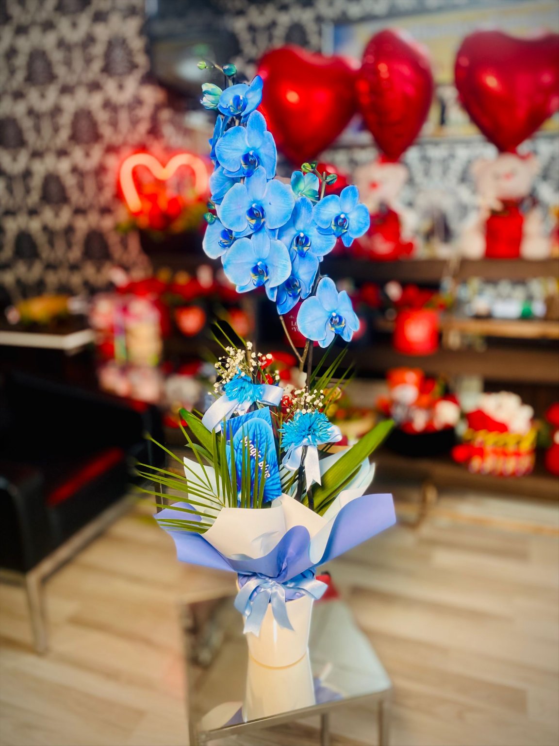 Mavi Çift Dal Ithal Orkide Seramik Vazoda