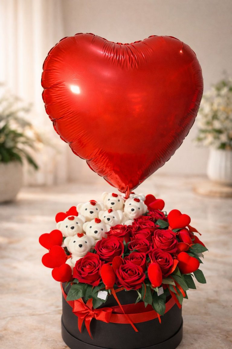 Silindir Kutuda Ayıcık Yapay Gül (Uçan Balon Hediyeli)