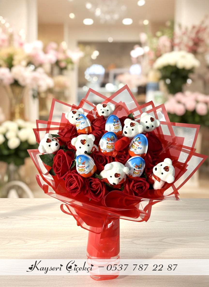 Yapay 13 Gül Buket  6 Kinder Joy  Ayıcık